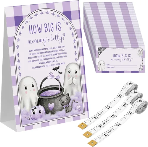 Sinload Juego de 54 piezas con texto en inglés "A Baby Is Brewing Halloween" para baby shower, incluye cartel de pie con el vientre de mamá con 50