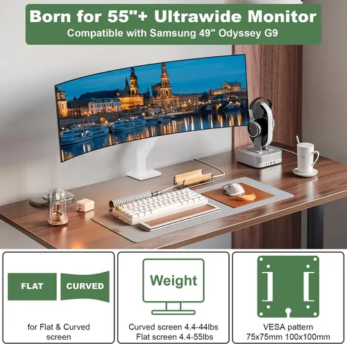 Miniatura 2 de UPGRAVITY Brazo de monitor blanco para pantallas de 17"-57" de hasta 55 libras, soporte de monitor ultra ancho de aluminio premium para Samsung 49