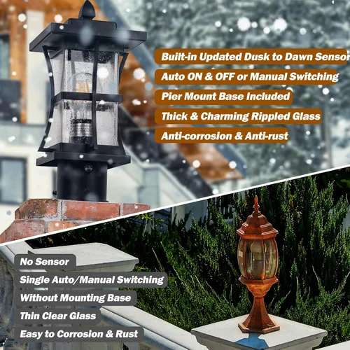 Miniatura 7 de Lámpara de poste para exteriores del atardecer al amanecer con base de montaje tipo muelle - Iluminación de poste negro para exteriores, linterna