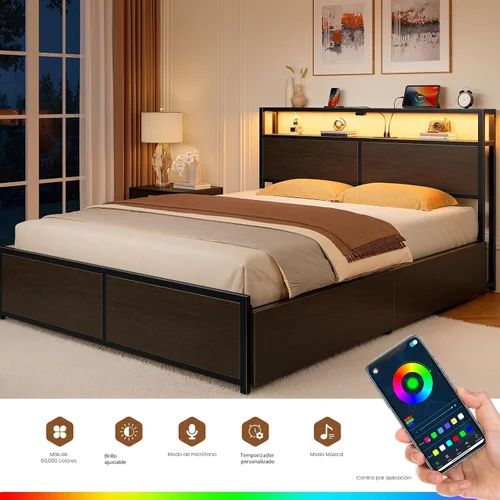 Miniatura 6 de Rolanstar Base de cama de tamaño completo con 4 cajones de almacenamiento, estación de carga y luces LED, plataforma de metal con cabecera