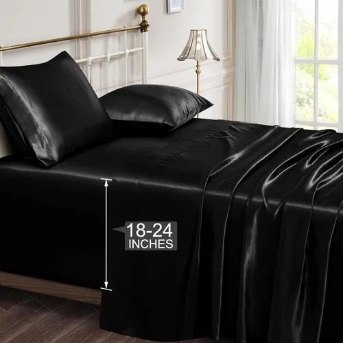 Vonty Juego de sábanas tamaño Full de bolsillo extra profundo, sábanas de satén refrescante y sedoso con bolsillo profundo de 18 a 24 pulgadas, Negro