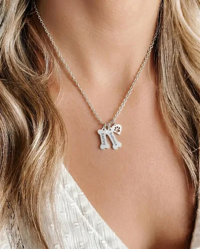 Miniatura 2 de Collar Conmemorativo Personalizado de Hueso de Perro con Dije de Huella de Pata de Plata Esterlina 925 - Collar Conmemorativo con Nombres