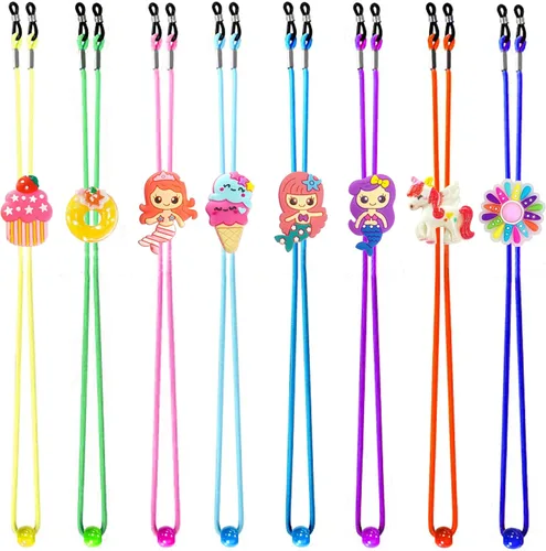 Tazimi 8 correas de lentes para niños, diseño de sirena, unicornio, postre, correas elásticas antideslizantes para gafas, multicolor, cadena de