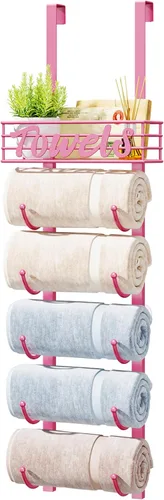 Miniatura 18 de HapiRm Toalleros para almacenamiento de baño, 3 niveles sobre la puerta y montaje en pared, organizador de toallas enrollado con cesta de estante