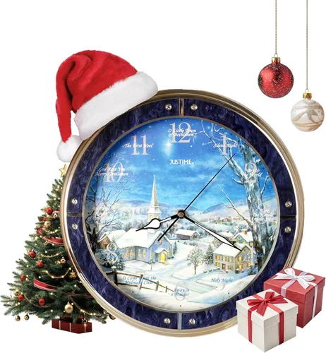JUSTIME Reloj de pared luminoso Polaris Silent Night de 14 pulgadas 12 villancicos de Navidad, movimiento de barrido silencioso, decoración del