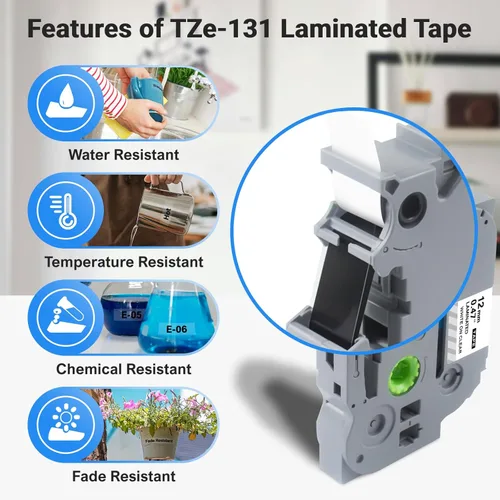 Miniatura 3 de Paquete de 3 cintas TZ de 0.47 pulgadas de repuesto para Brother TZe-131 TZ-131 P Touch cinta de etiquetas de 0.47 pulgadas laminada negra sobre