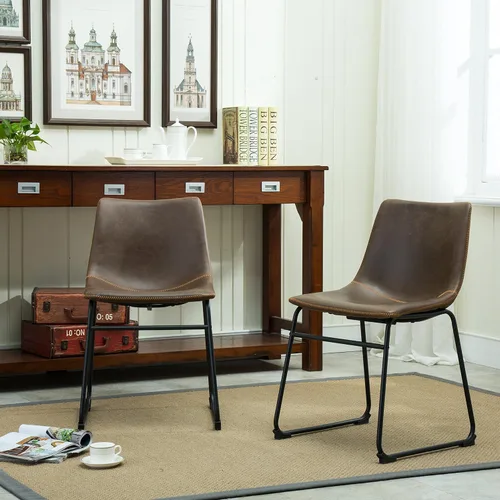 Roundhill Furniture Lotusville - Juego de 2 sillas de comedor vintage de piel sintética, color marrón antiguo