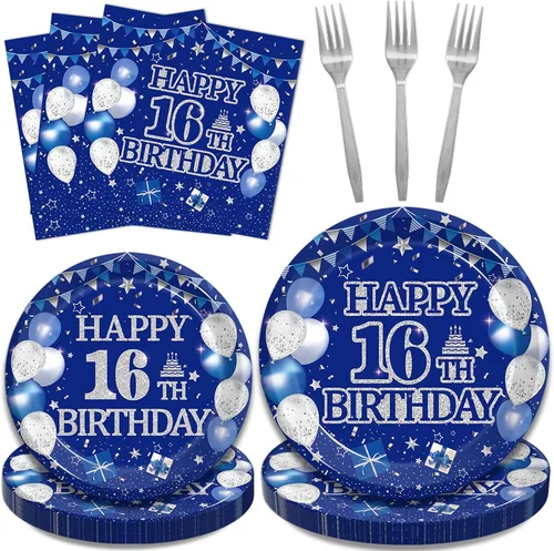 Kepeel Juego de vajilla de 96 piezas para fiesta de 16º cumpleaños, decoraciones y suministros azul y plateado Feliz 16º Cumpleaños para niños y