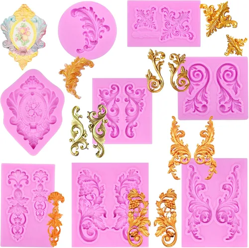 Moldes de silicona para fondant, patrón barroco de voluta, juego de 8 moldes decorativos para tartas, moldes de chocolate para hornear para