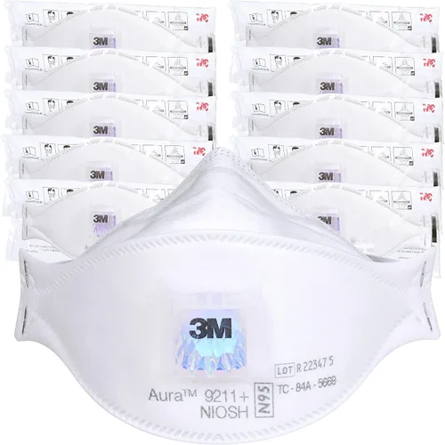 3M Aura - Respirador de partículas 9211+, N95, paquete de 10 respiradores desechables, envueltos individualmente, válvula de flujo frío, diseño de
