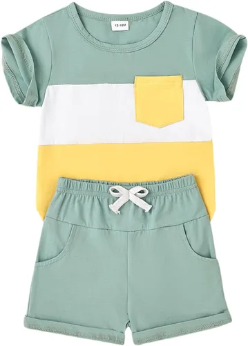 Miniatura 47 de Ropa para bebé niño pequeño, trajes de verano de manga corta, camiseta de retazos y pantalón con bolsillo, conjunto de 2 piezas, 12 meses a 4 años