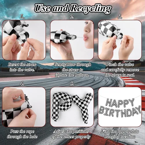 Miniatura 3 de Globo de cartel de feliz cumpleaños con temática de auto de carreras, decoración de fiesta de carreras a cuadros en blanco y negro, suministros