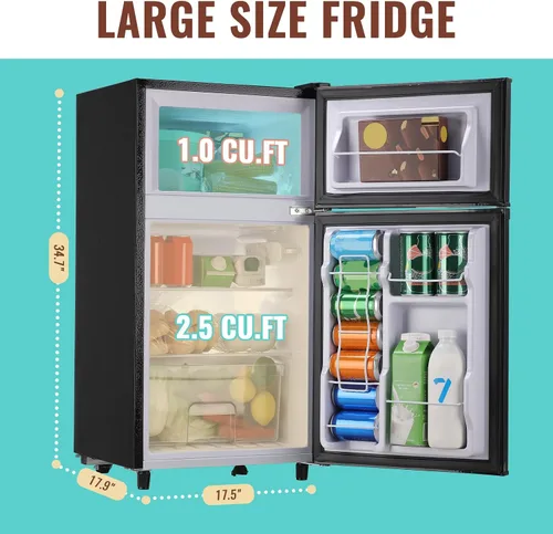 Miniatura 2 de WANAI Refrigerador pequeño con congelador de 3.5 pies cúbicos, mini refrigerador con congelador en la parte superior, doble puerta, pequeño Negro
