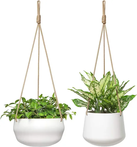 Mkono Maceta colgante de cerámica de 8 pulgadas y 6 pulgadas de profundidad para plantas de interior y exterior, juego de 2 macetas modernas