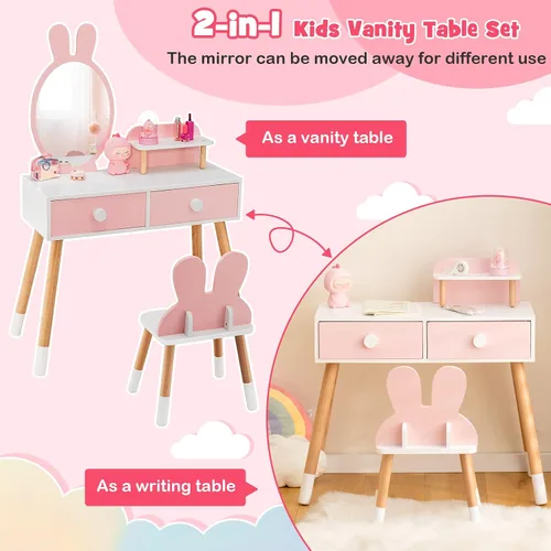 Miniatura 3 de GLACER Juego de mesa y silla para niños, juego de tocador patentado con silla, espejo extraíble, 2 cajones grandes, estante de almacenamiento