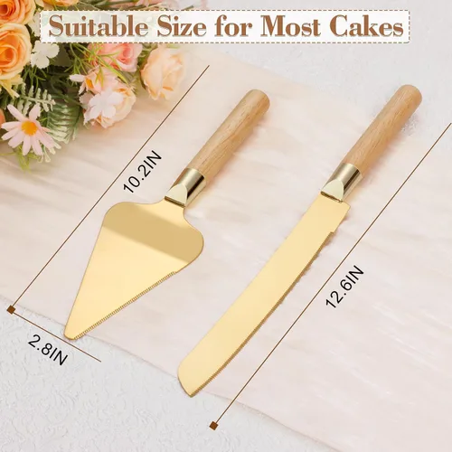 Miniatura 6 de Juego de corte de pastel dorado para boda, juego de cuchillo de pastel de madera y servidor, juego de corte de pastel rústico de 2 piezas, cubiertos