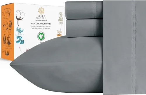 Sleep Mantra Premium juego de sábanas de cama Queen de 100 % algodón orgánico - Tejido de percal suave y refrescante - Juego de ropa de cama de 4
