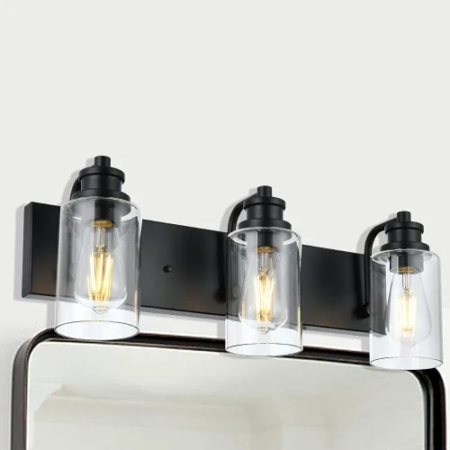 Miniatura 2 de Lámpara de baño vintage de 3 cabezales en acabado negro mate, pantalla de vidrio transparente clásica, iluminación de baño sobre espejo, lámpara
