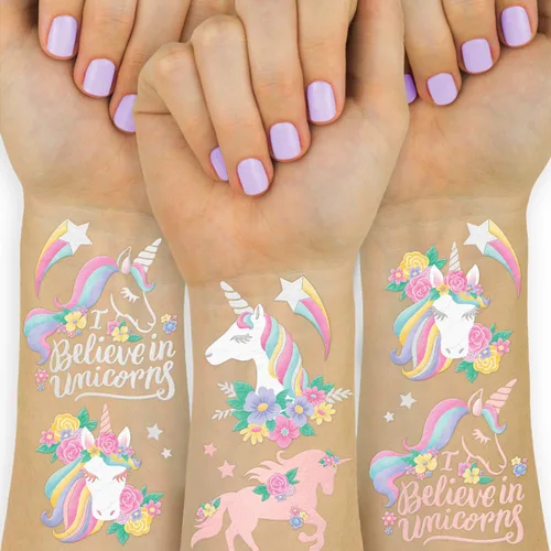xo, Fetti Recuerdos de fiesta de unicornio – Tatuajes temporales para niños – 26 estilos | Suministros para fiesta de cumpleaños, decoraciones de