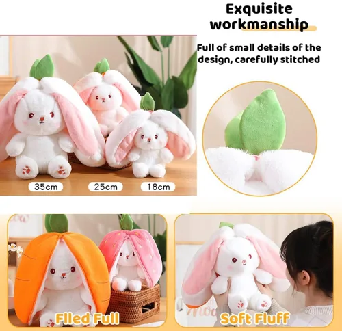 Miniatura 8 de Almohada de peluche de conejo, reversible, zanahoria y fresa, animal de peluche con cremallera, bonita decoración de conejo para niños y adultos
