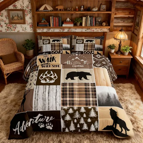 Miniatura 158 de Juego de edredón de cuernos de ciervo tamaño individual, juego de ropa de cama rústica de granja con huellas de oso y pinos para decoración