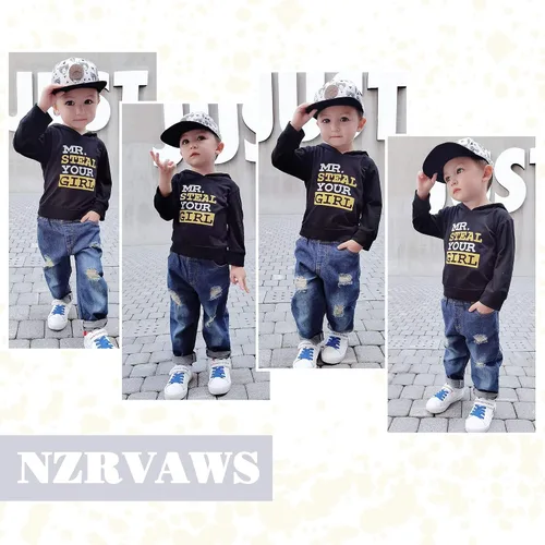 Miniatura 3 de NZRVAWS Ropa para bebé niño de 6, 12, 18, 24 meses, 2, 3, 4T, traje de niño pequeño, sudadera con capucha impresa con letras, pantalones de mezclilla