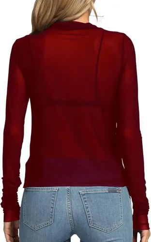 Miniatura 2 de Rooscier Blusa sexy de malla transparente para mujer, cuello alto falso, manga larga, ajustada