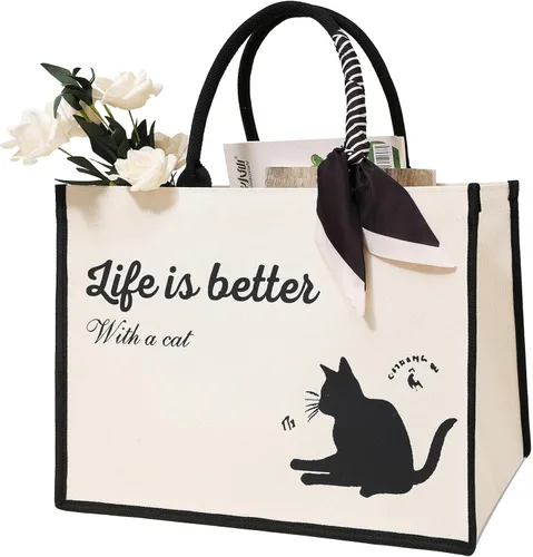 Cute Tote Bags, 16Oz, 3 Pockets, Cat Large Canvas Tote Bags for Women, Anti-Scratch Lining Large Tote Bag with Zipper