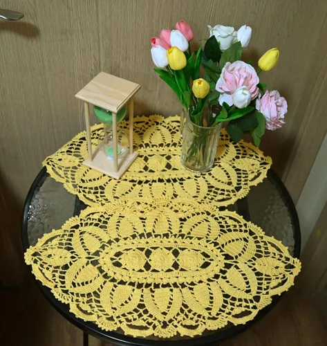 Miniatura 14 de Manteles individuales de encaje, ovalados, redondos, hechos a mano, de ganchillo, para tapetes de cocina (beige, 1 unidad-11.8 x 22 pulgadas)