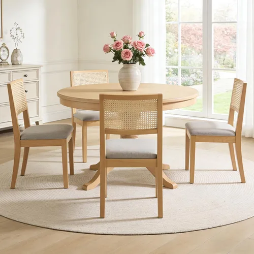 Miniatura 12 de Juego de 2 sillas de comedor de ratán, sillas de comedor de cocina con respaldo de bastón, silla tapizada de ratán moderna de mediados de siglo