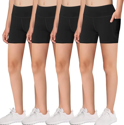 MIRITY Pantalones cortos deportivos de ciclista con bolsillos para niñas, para bailar, yoga, correr, fútbol, voleibol, bicicleta, (paquete de 4)