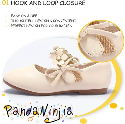 Miniatura 3 de PANDANINJIA Zapatos de vestir para niñas pequeñas, zapatos planos de flores con perlas, lazo Mary Jane, zapatos de flora para fiesta de boda
