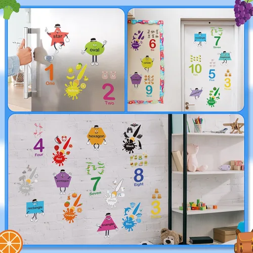 Miniatura 7 de Tatuo 30 calcomanías de pared con números, calcomanías de pared de geometría de aprendizaje educativo, calcomanías de pared con formas coloridas