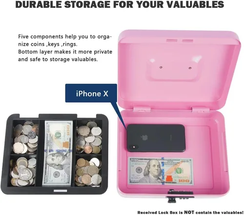 Miniatura 4 de KYODOLED Caja de dinero grande con cerradura de combinación, caja de dinero de metal segura con bandeja para dinero para caja de seguridad de 9.84 x