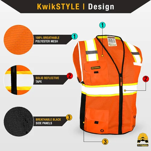 Miniatura 2 de KwikSafety - Chaleco de Seguridad BIG KAHUNA Edición Base y Edición Limitada Chaleco Reflectante Clase 2 ANSI OSHA para Hombre Naranja