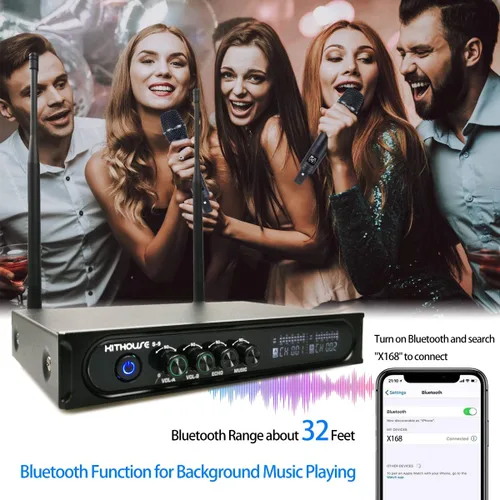 Miniatura 3 de S9 UHF Sistema de micrófono inalámbrico recargable para karaoke, micrófono inalámbrico dual con caja receptora Bluetooth + control de volumen ECHO