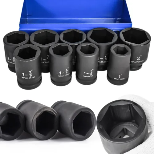 Juego de dados de impacto de 1 pulgada, 9 piezas SAE de impacto, 1 pulgada, 1 pulgada a 2 pulgadas, 6 puntos de impacto con estuche de