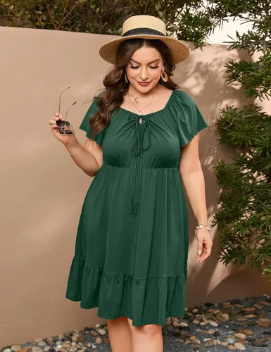 Miniatura 2 de ShopWonder Vestidos hawaianos de talla grande para mujer, vestido de cuello cuadrado, manga corta, casual, acampanado, vestido de verano