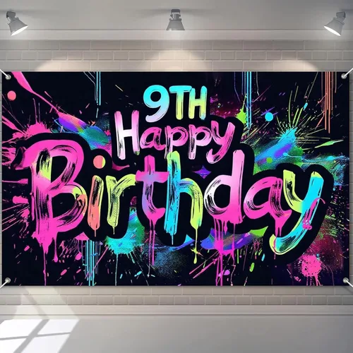 Miniatura 11 de HOMETITUTE Pancarta de Neón de Feliz 10mo Cumpleaños 71 x 43 pulgadas, Salpicadura de Pintura que Brilla en la Oscuridad, Telón de Fondo