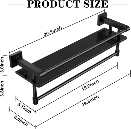 Miniatura 2 de Estante de vidrio para baño de 20 pulgadas, estantes de baño con barra para toallas, estantes de vidrio templado con soporte para toallas de acero