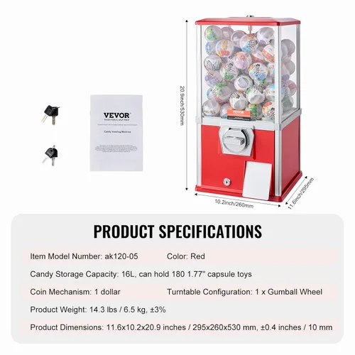Miniatura 7 de VEVOR Máquina de chicle, Máquina expendedora casera de 21 pulgadas de altura, Dispensador de bolas hinchables PS, capacidad para 180 juguetes de Rojo