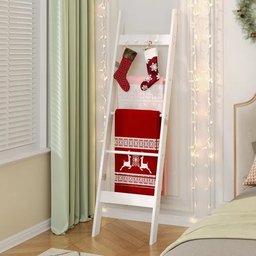 Miniatura 10 de Hzuaneri Escalera para manta para sala de estar, estante decorativo para edredón con 4 ganchos extraíbles, 5 niveles de soporte de escalera de Blanco