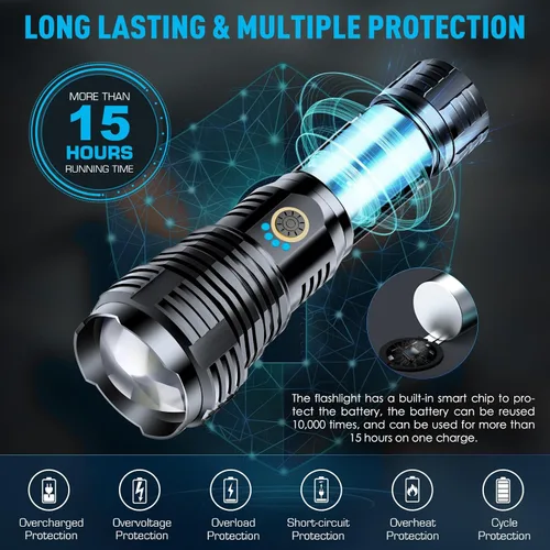 Miniatura 5 de Sinvimes Linternas recargables de alto lúmenes, 12000LLED potente luz de flash súper brillante, 5 modos de zoom tácticas linternas de alta potencia
