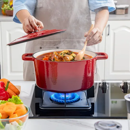 Miniatura 8 de Velaze Horno Holandés de Hierro Fundido Esmaltado de 6 QT, Olla de Doble Asa con Tapa, Horno Redondo Antiadherente de Servicio Pesado para Hornear