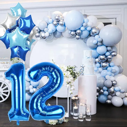 Miniatura 6 de Globos con números grandes azul oscuro real 12, 40 pulgadas autoinflables, helio azul bebé claro 12 globos de decoración, globo de aluminio Mylar