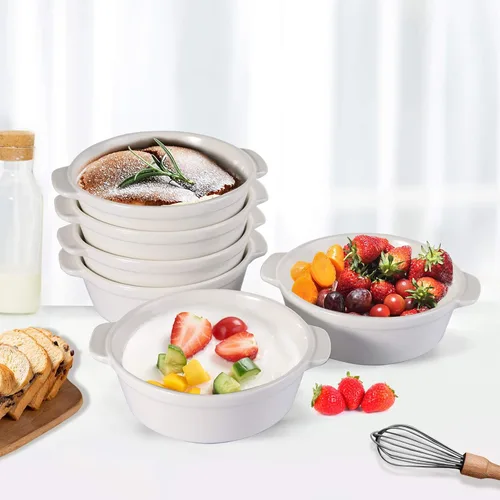 Miniatura 4 de Foraineam Paquete de 8 platos de soufflé de porcelana de 10 onzas con doble asa, juego de utensilios para hornear para pudín, crema brulee, soufflé