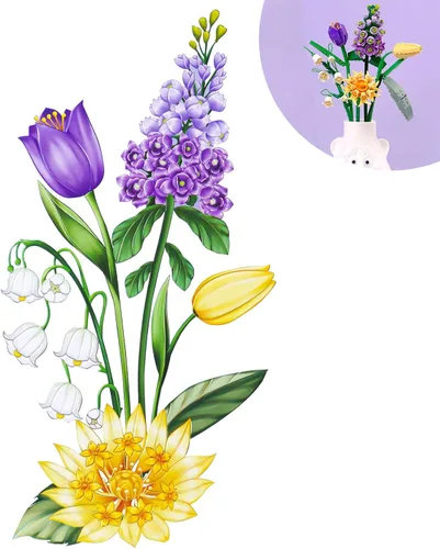Miniatura 7 de OSDUE Juego de construcción de ramos de flores de ladrillos pequeños, flores artificiales, decoración única para el hogar, 534 piezas colección