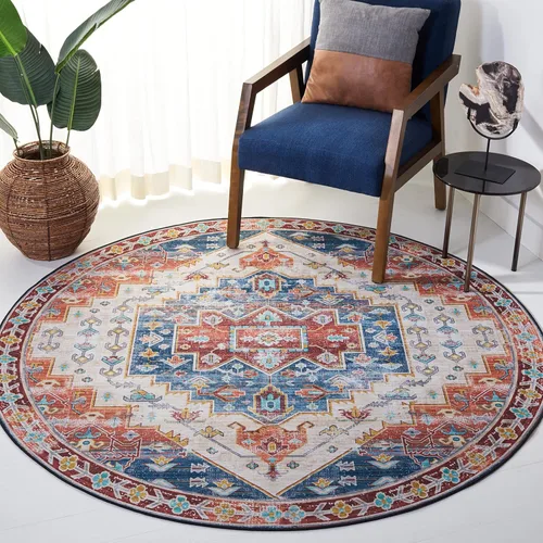 Miniatura 8 de SAFAVIEH Alfombra lavable Tucson Collection - 2 pies 6 pulgadas x 4 pies, azul y al óxido, antideslizante y fácil de limpiar, ideal para sala