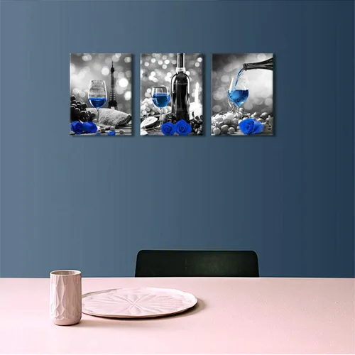 Miniatura 9 de Obras de arte de rosas de vino para paredes del hogar, blanco y negro con pintura de vino azul, decoración de comedor, cuadros de cocina azules