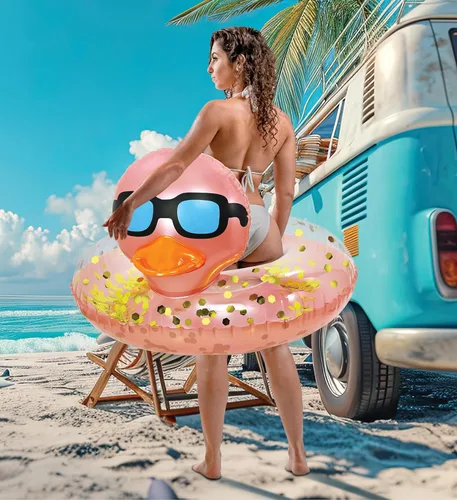 Miniatura 4 de POZA Flotador inflable de pato para piscina: vinilo resistente a los rayos UV, confeti de pato para piscina, flotador de piscina de animales, anillo